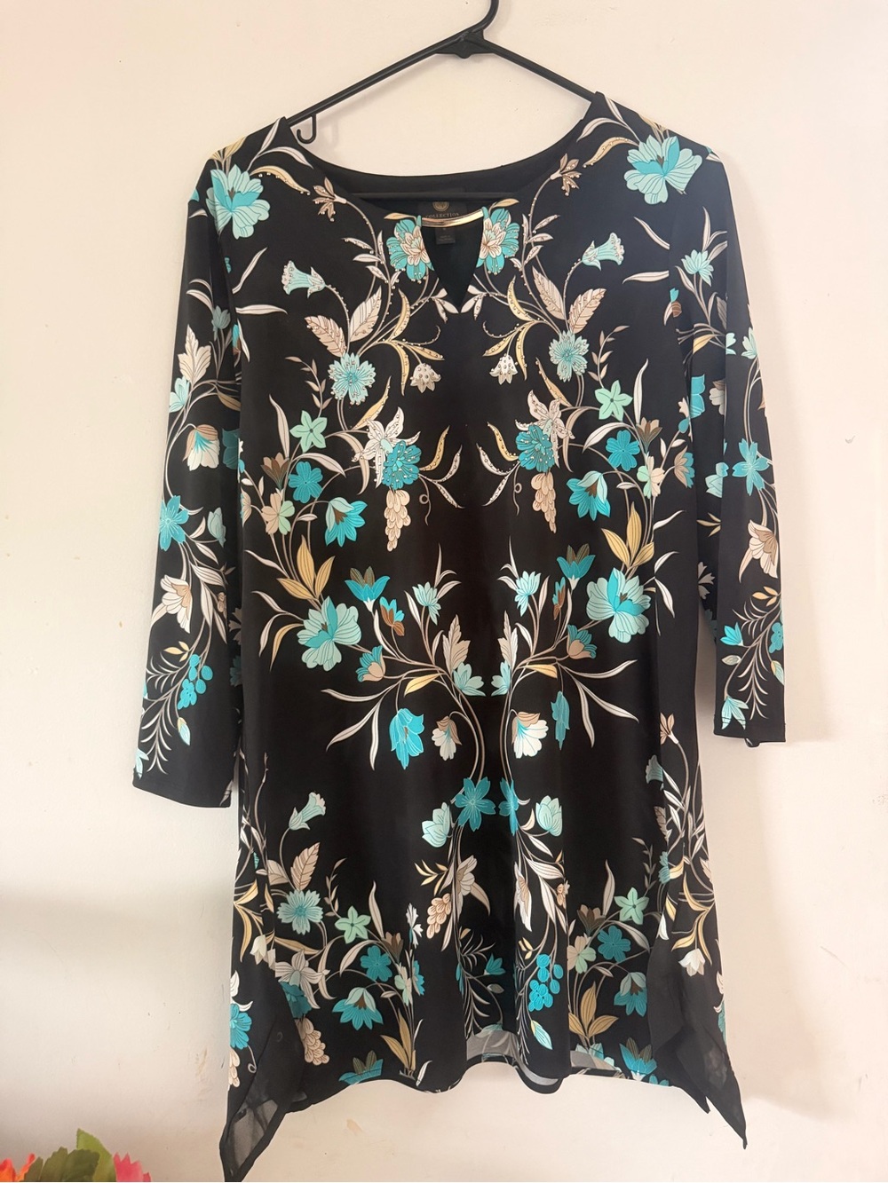 JM Collection Black Long-Sleeve Floral Tunic with Teal & Cream Accents